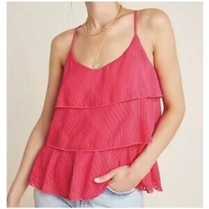 Anthropologie Amadi Top Hot Pink Ruffle Textured Lined Preppy Flowy Scoop Neck